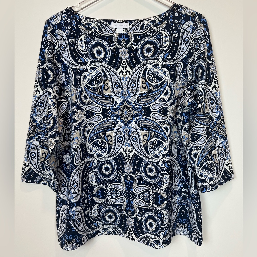 Charter Club Navy White Print Pullover Top Sz L